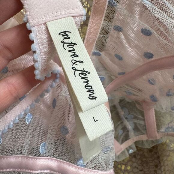 VS For Love & Lemons Foil Rose Pink Blue Sheer Mesh Bustier Coquette Top Large - Picture 5 of 13